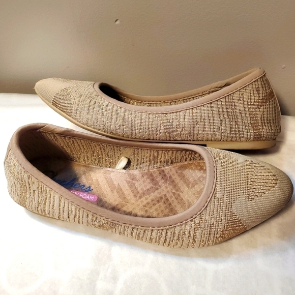 Skechers Ballet Flats Boho Woven Fabric Embroidered Cleo Wham Tan Gold Size 8 - Picture 4 of 8